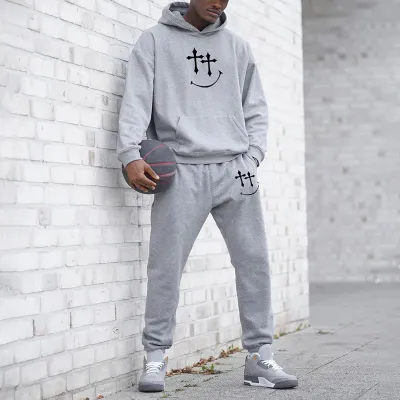 Men Fashion Casual Print Plus Size Long Sleeve Hoodies Pants Sets