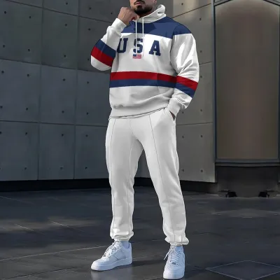 Men Fashion Casual Stripe Print Plus Size Long Sleeve Hoodies Pants Sets