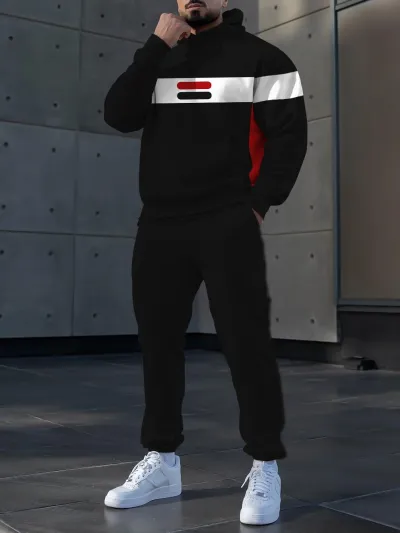 Men Fashion Casual Stripe Print Plus Size Long Sleeve Hoodies Pants Sets
