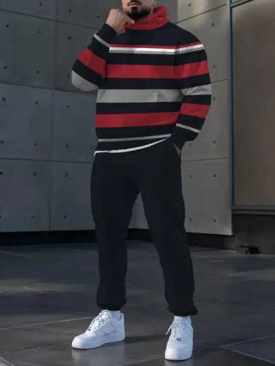 Men Fashion Casual Stripe Print Plus Size Long Sleeve Hoodies Pants Sets