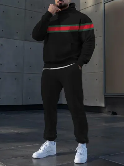 Men Fashion Casual Stripe Print Plus Size Long Sleeve Hoodies Pants Sets