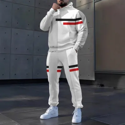 Men Fashion Casual Stripe Print Plus Size Long Sleeve Hoodies Pants Sets