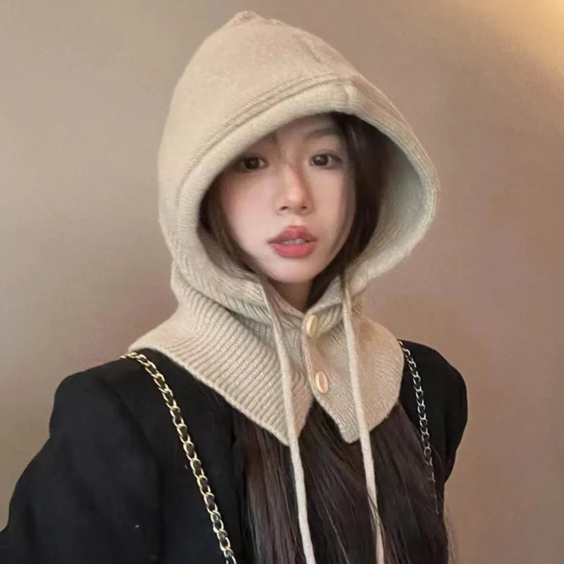 Women Fashion Warm Drawstring Button Wool Knitted One Piece Scarf Hat Set