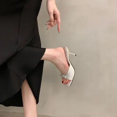 Women Elegant Satin Square Toe Bowknot High Heels Slippers