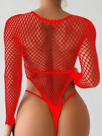 Women Sexy Solid Color Mesh Long Sleeve Bodysuit Lingerie Set