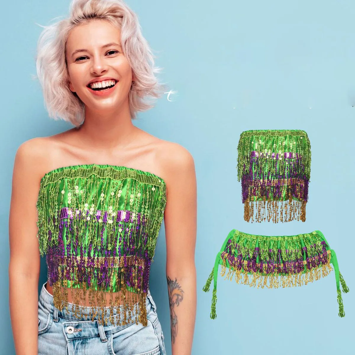 Mardi Gras Women Sexy Sequins Tassels Lace-Up Tube Top Two-Piece Set
