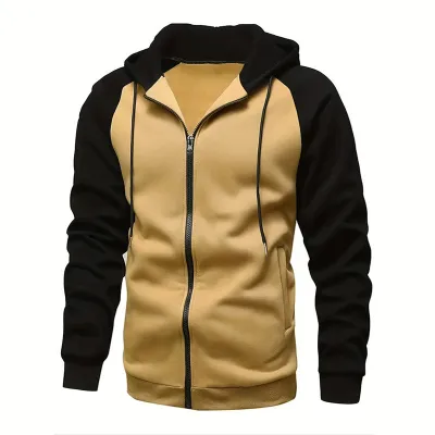 Men Casual Sports Color Matching Fleece Hooded Coat Long Sleeve Loose Fit Cardigan