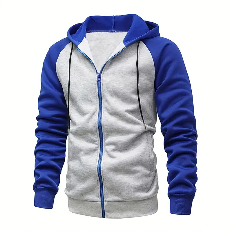 Men Casual Sports Color Matching Fleece Hooded Coat Long Sleeve Loose Fit Cardigan