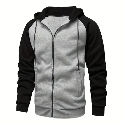 Men Casual Sports Color Matching Fleece Hooded Coat Long Sleeve Loose Fit Cardigan