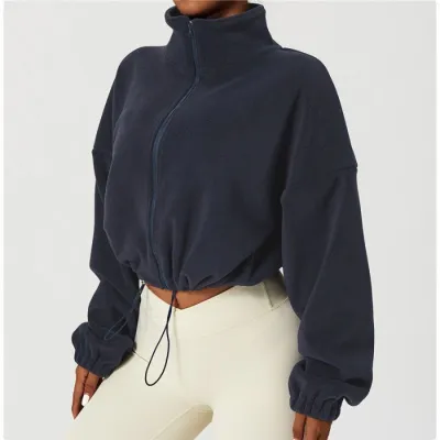 Women Casual Solid Color Fleece-Lined Warm Stand Neck Long-Sleeve Drawstring Sports Top