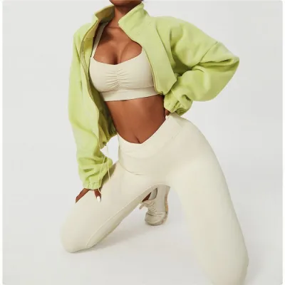 Women Casual Solid Color Fleece-Lined Warm Stand Neck Long-Sleeve Drawstring Sports Top