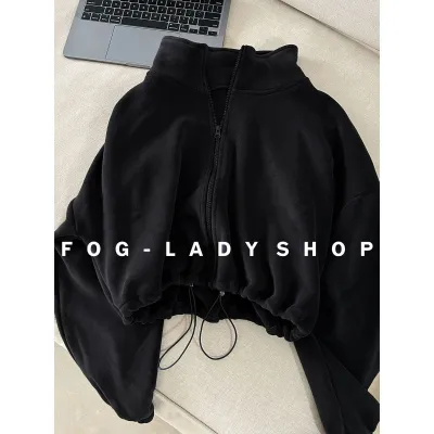 Women Casual Solid Color Fleece-Lined Warm Stand Neck Long-Sleeve Drawstring Sports Top