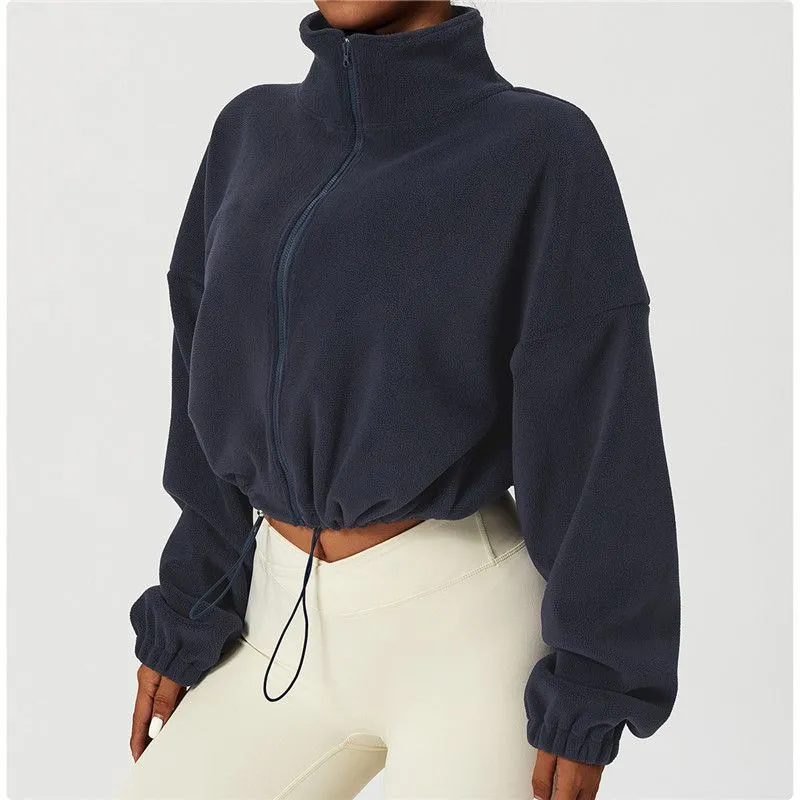 Women Casual Solid Color Fleece-Lined Warm Stand Neck Long-Sleeve Drawstring Sports Top