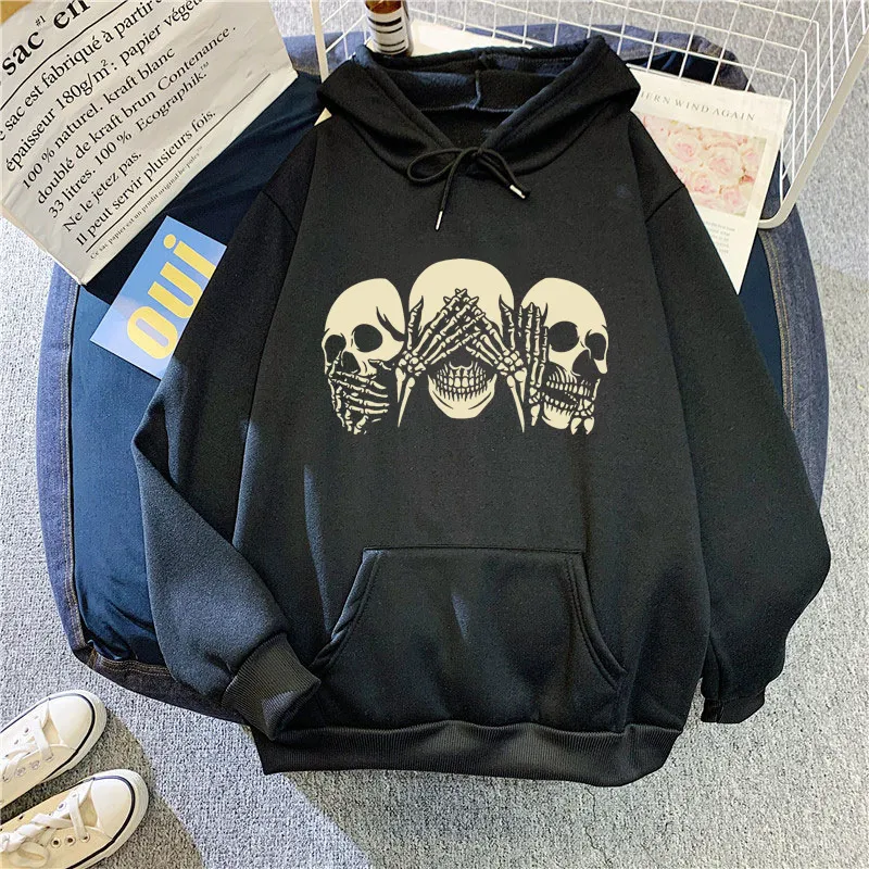 Men Casual Sports Skull Print Plus Size Long Sleeve Hooded Pullover