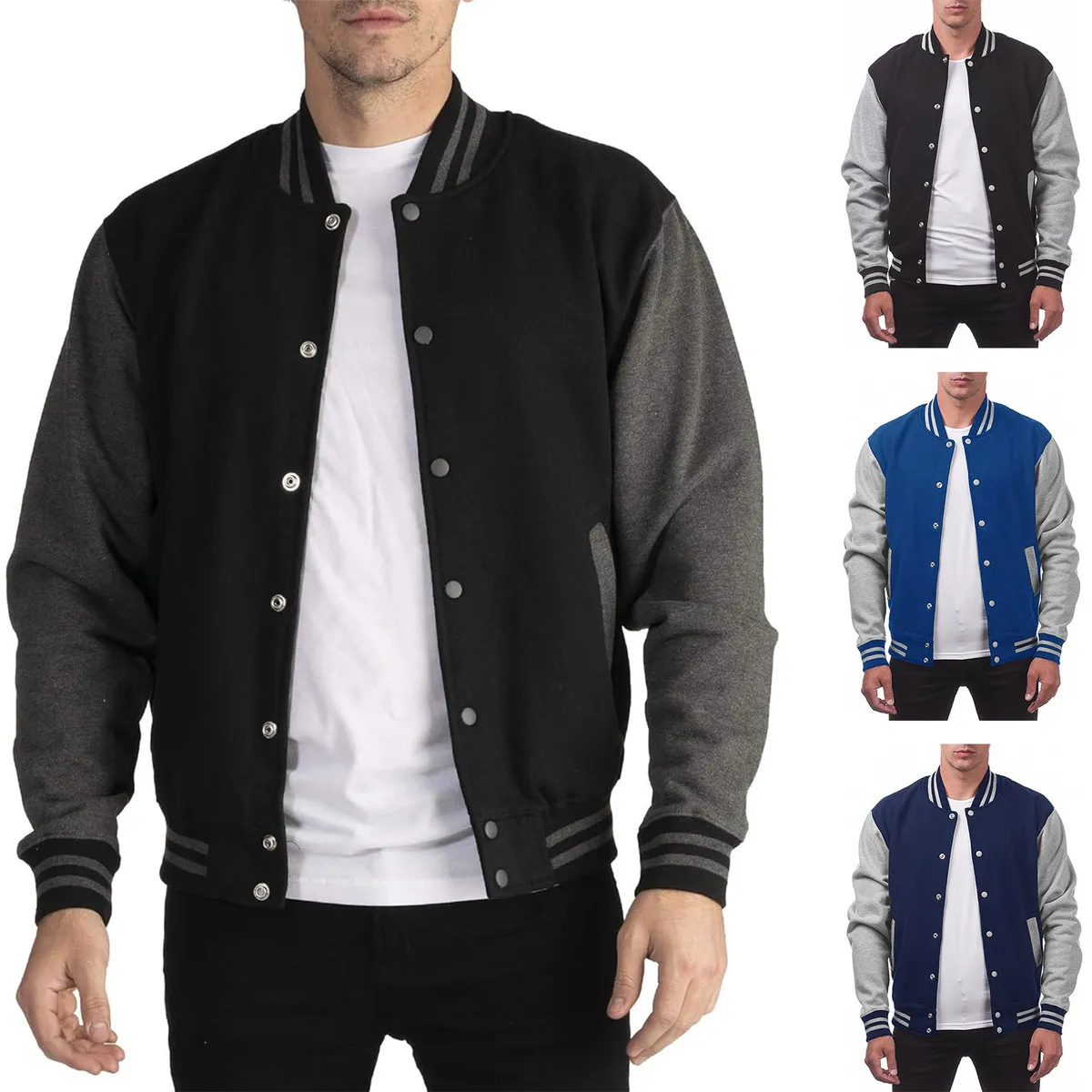 Men Casual Sports Color Block Long Sleeve Baseball Jacket