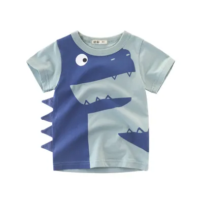 Camiseta de algodón de manga corta con cuello redondo y estampado de dinosaurio para niño (3-14 años)