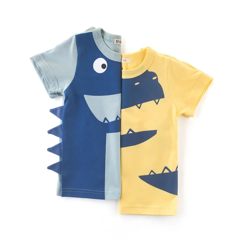 Camiseta de algodón de manga corta con cuello redondo y estampado de dinosaurio para niño (3-14 años)