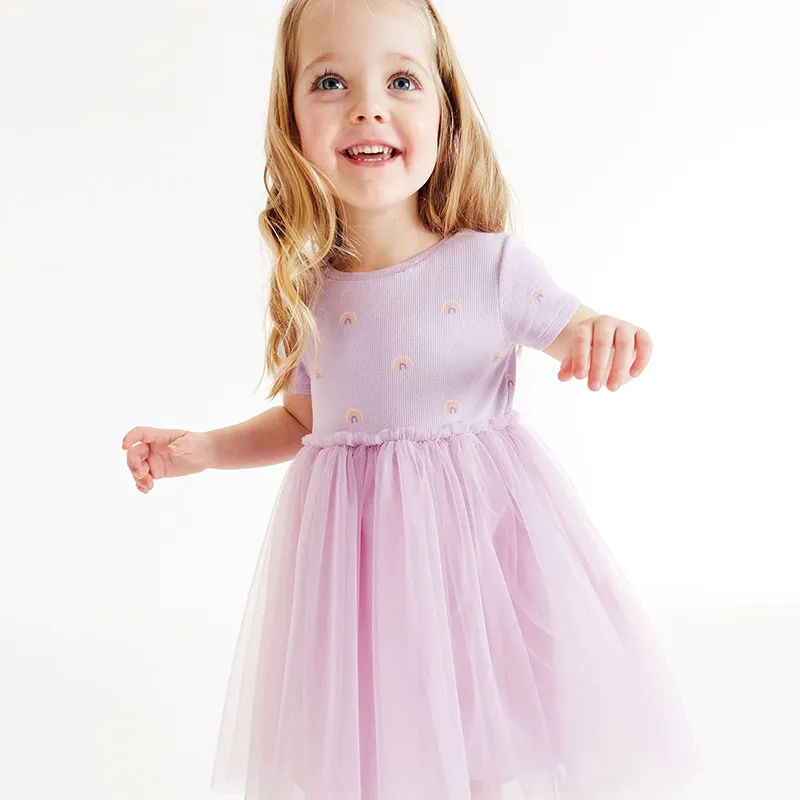 Kids Toddler Girls Casual Cute Rainbow Stripe Print Short Sleeve Round Neck Mesh Princess Dress