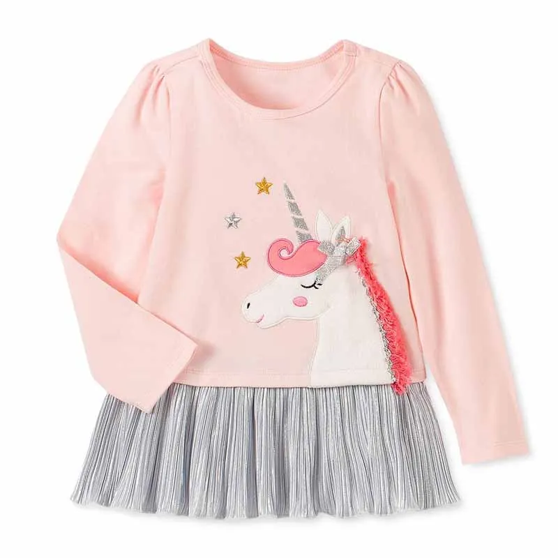 Kids Toddler Girls Cute Cartoon Print Long Sleeve Dress Cotton Knit Splicing Skirt