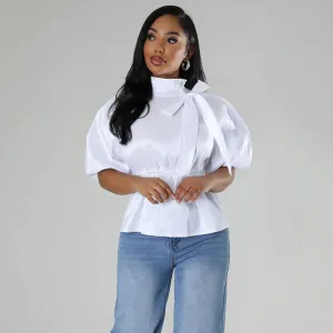 Women Casual Floral Printed Stand Neck Lace-Up Short-Sleeve Blouse