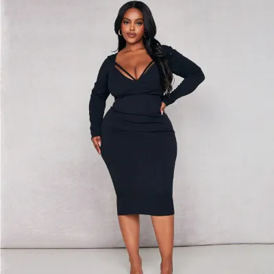 Women Plus Size Elegant V-Neck Long Sleeve High Waist Wrap Hip Dress