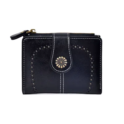 Women Retro Hollow-Out Oil PU Zipper Wallet Multifunctional Solid Color
