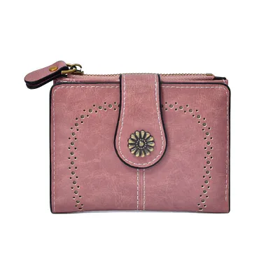 Women Retro Hollow-Out Oil PU Zipper Wallet Multifunctional Solid Color