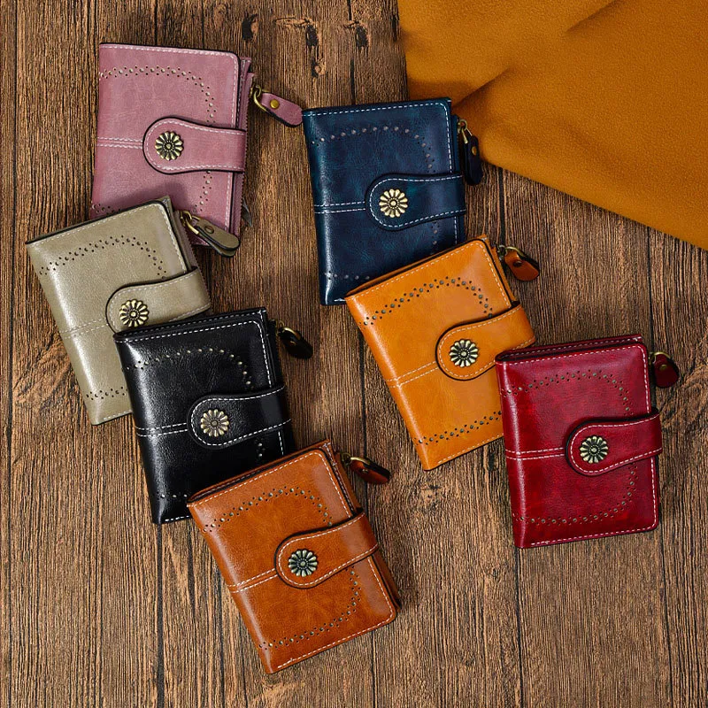 Women Retro Hollow-Out Oil PU Zipper Wallet Multifunctional Solid Color