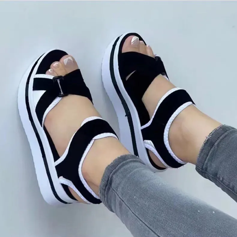 Women Casual Beach Velcro Peep Toe Platform Sandals
