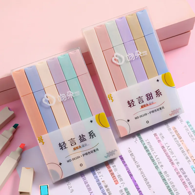 Fashion Simple Multicolor Oblique Head 6 Pack Highlighter Pens