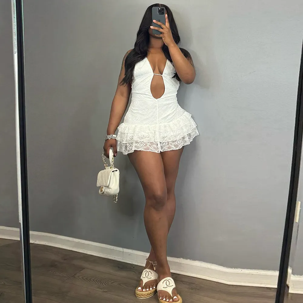 Women Fashion Sexy Lace Hollow Out Halter-Neck Backless Sleeveless Dress
