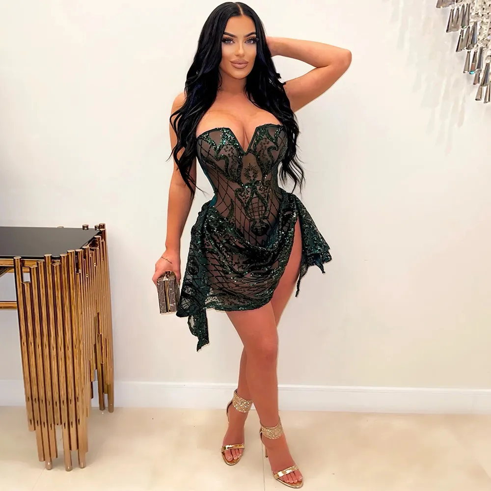 Women Sequin Tube Dress V-Neck Irregular Hem Sleeveless