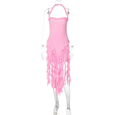 Women Fashion Sexy Solid Color Irregular Tassels Halter-Neck Sleeveless Backless Midi Dress