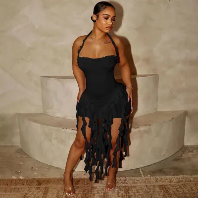 Women Fashion Sexy Solid Color Irregular Tassels Halter-Neck Sleeveless Backless Midi Dress