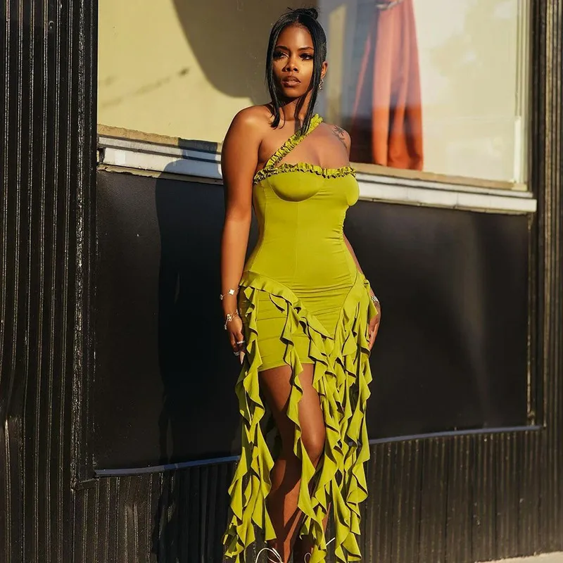 Women Fashion Sexy Solid Color Irregular Tassels Halter-Neck Sleeveless Backless Midi Dress