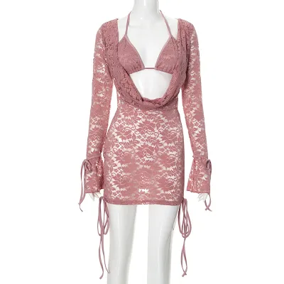 Women Fashion Sexy Solid Color Lace Halter-Neck Top Long Sleeve Lace-Up Skirt Set