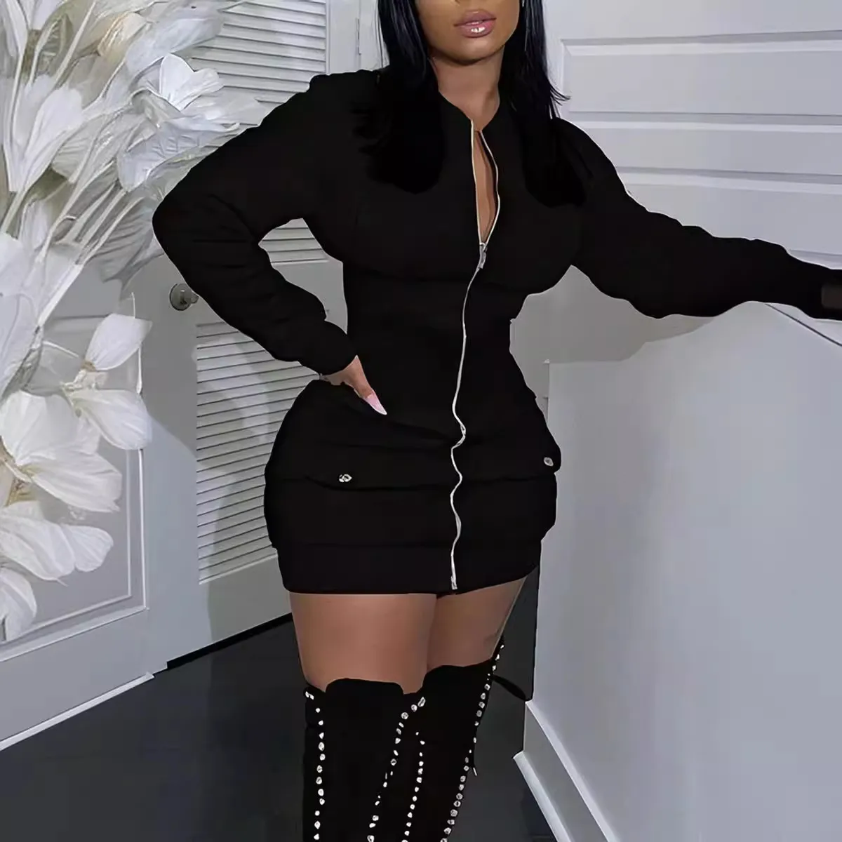 Women Casual Solid Color Long Sleeve Zipper Pockets Dress