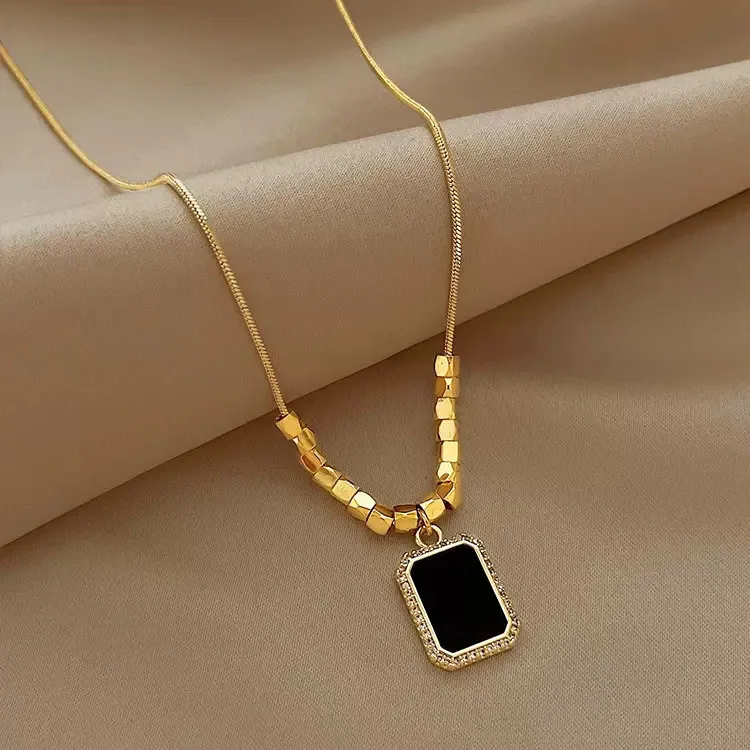 Women's Elegant Black Pendant Square Beads Necklace in Titanium Steel