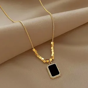 Women's Elegant Black Pendant Square Beads Necklace in Titanium Steel
