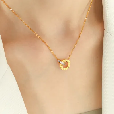 Women Fashion Titanium Steel Waterproof Rhinestone Numeral Earrings Necklace
