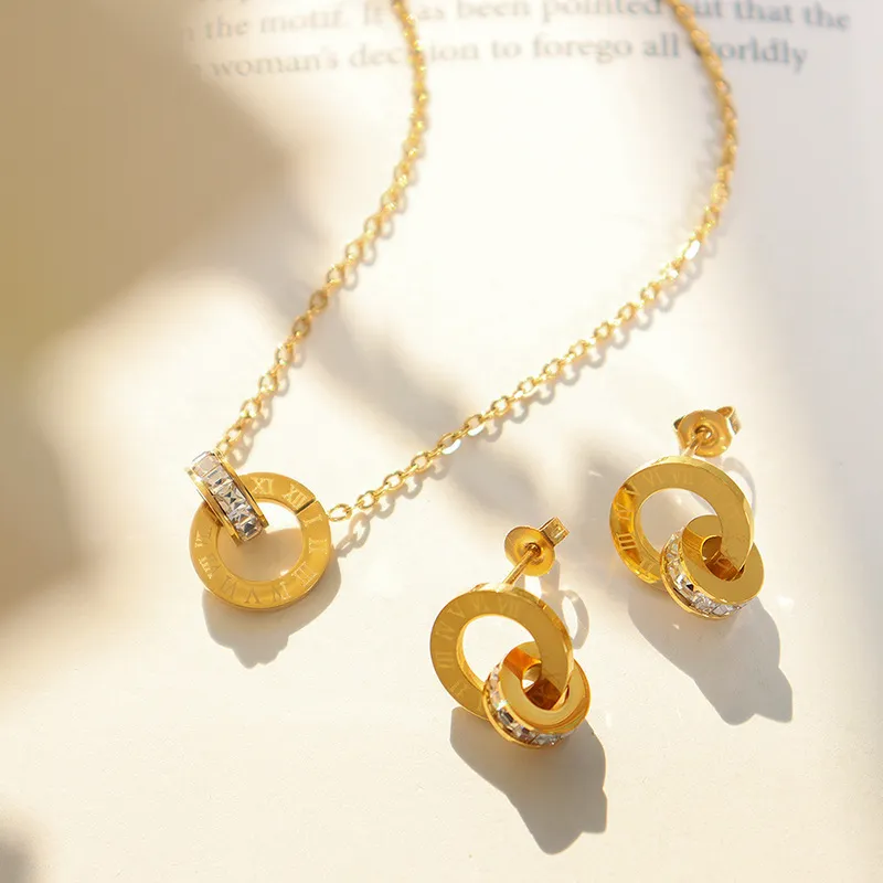 Women Fashion Titanium Steel Waterproof Rhinestone Numeral Earrings Necklace