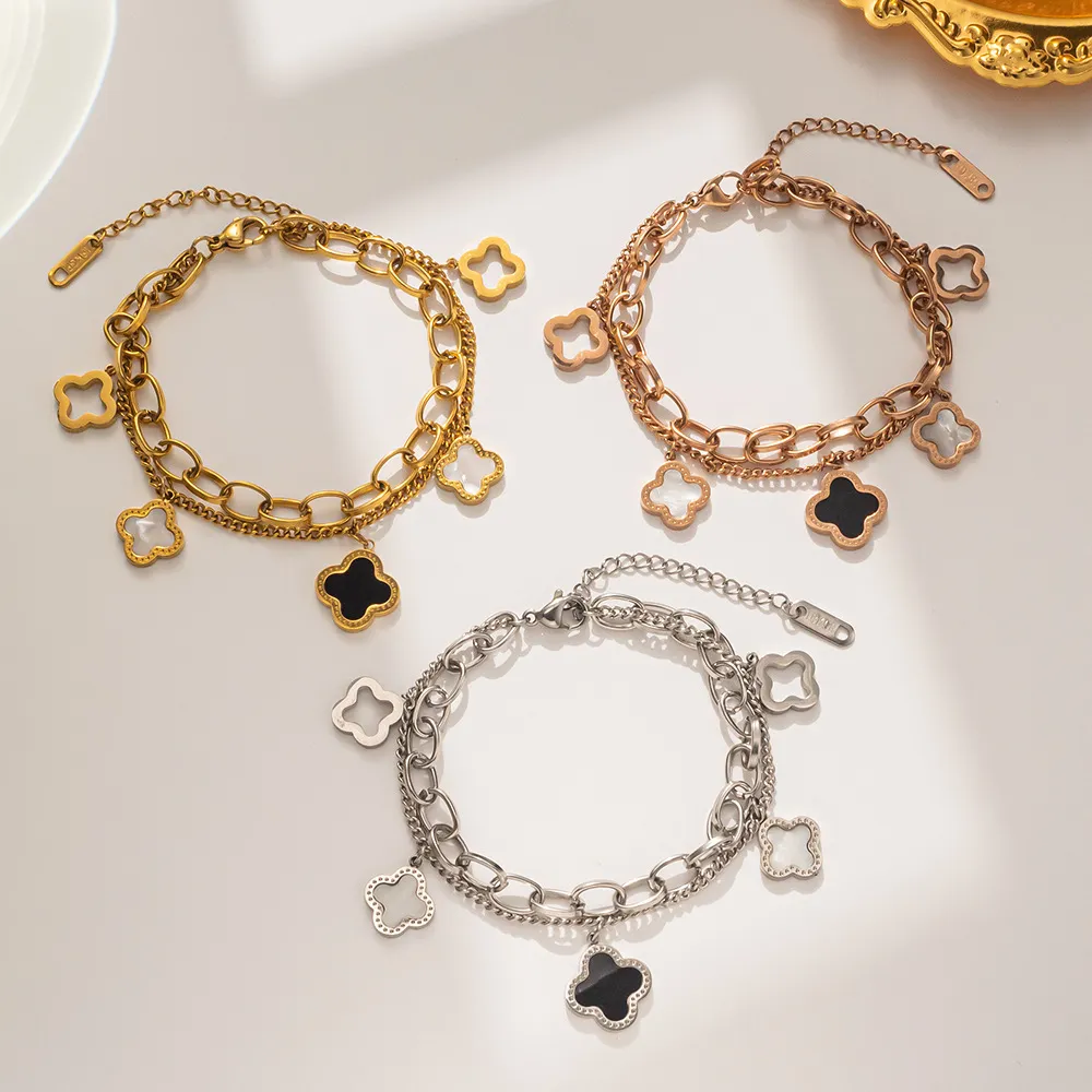 Women Fashion Black White Shell Double Four Leaf Flower Titanium Steel Simple Bracelet