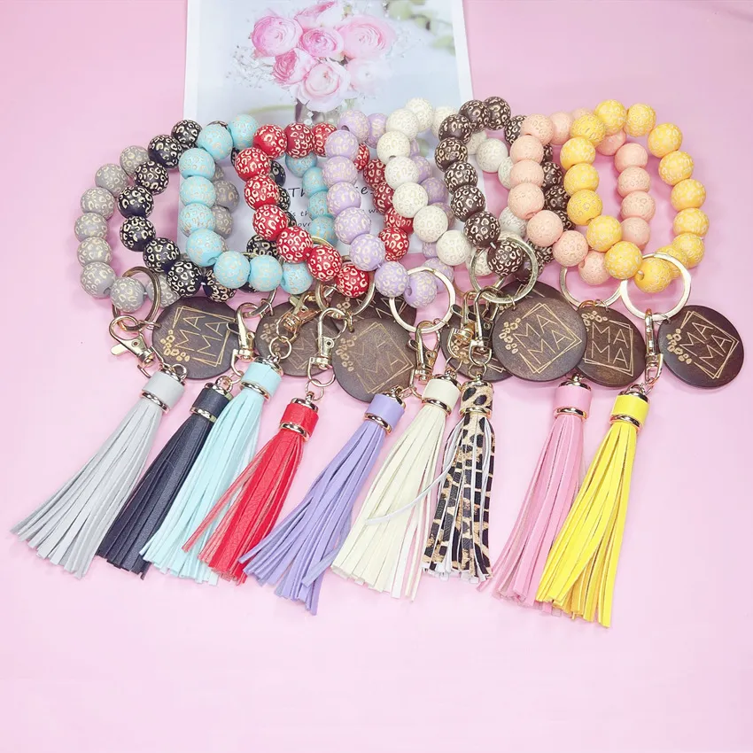 Fashion Spotted Wooden Tassel Mama Bracelet Keychain Pendant