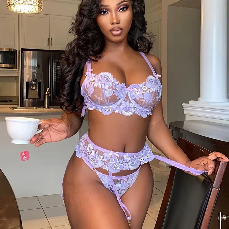 Women Lace Bowknot Hollow-Out Sexy Lingerie Three-Piece Set