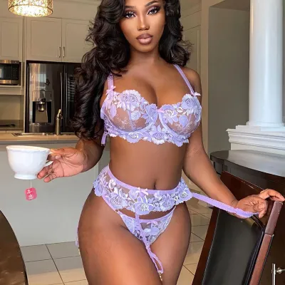 Women Lace Bowknot Hollow-Out Sexy Lingerie Three-Piece Set