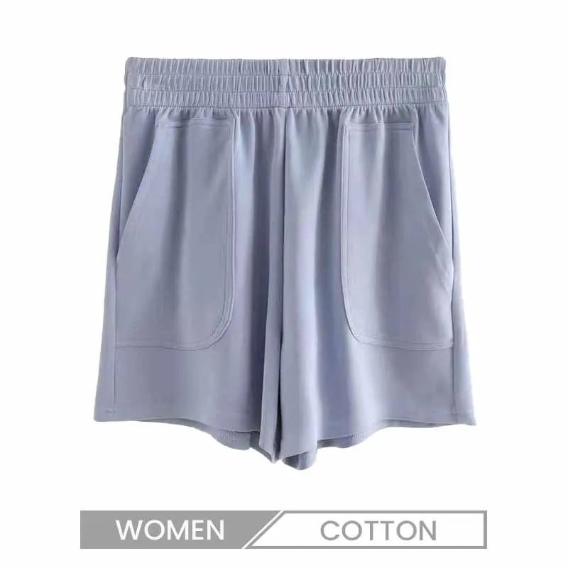 Women Athleisure Casual Basic High Waist Cotton Solid Color Shorts