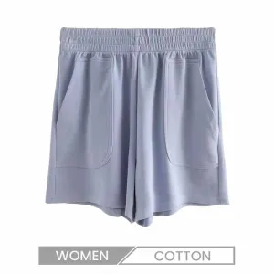 Women Athleisure Casual Basic High Waist Cotton Solid Color Shorts