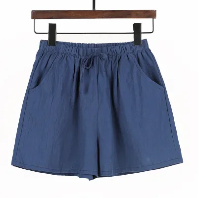 Women Solid Color Cotton High Waist Casual Loose Fashion Shorts