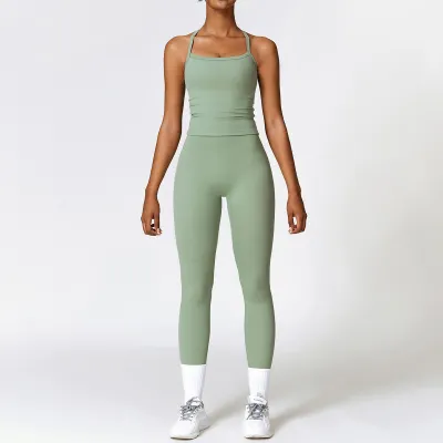 Women Fashion Yoga Solid Color Sports Two-Piece Set
