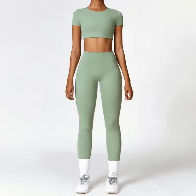 Women Fashion Yoga Solid Color Sports Two-Piece Set